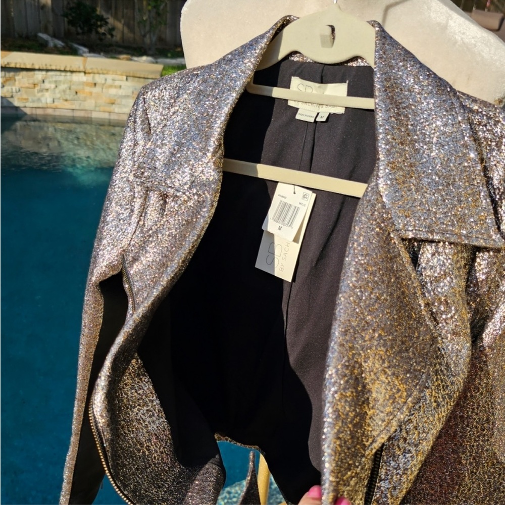 Nwt SB by Sachin + Babi Silver Metallic Moto Jacket M - Picture 4 of 9
